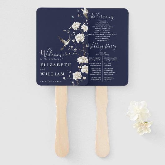 Navy Blue Chinoiserie Bloemen Trouwprogramma Handwaaier (Voorkant en achterkant)