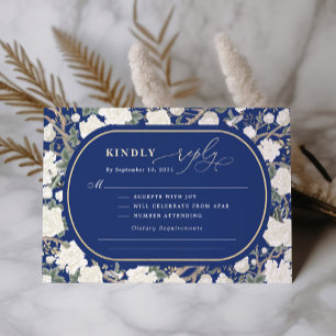 Navy Blue Chinoiserie Witte Bloemen Huwelijk RSVP Kaart