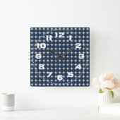 Navy Blue Circles en Silver Diamonds Vierkante Klok (Huis)