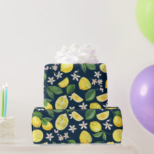 Navy Blue Citrus Lemon Floral Cadeaupapier