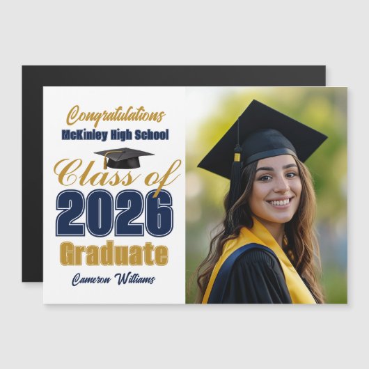 Navy Blue Class of 2026 Graduation Photo Magnet (Devant / Derrière)