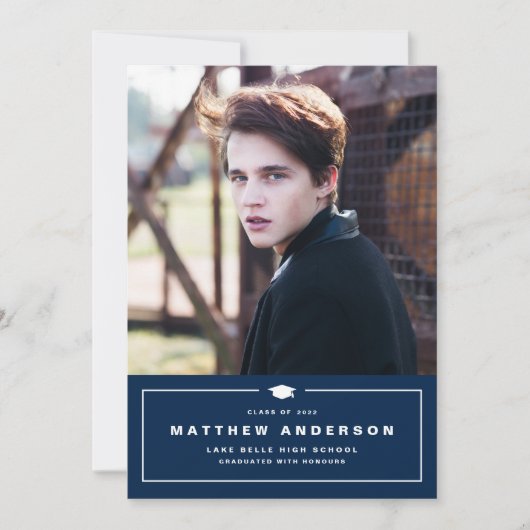 Navy Blue Classic Gradup Foto Afstuderen Aankondiging (Voorkant)