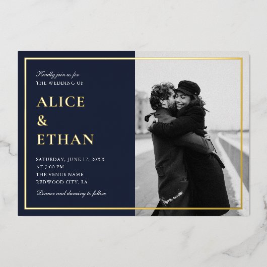 Navy Blue Classic Kalligrafie Fotobruiloft Folie Uitnodiging (Voorkant)