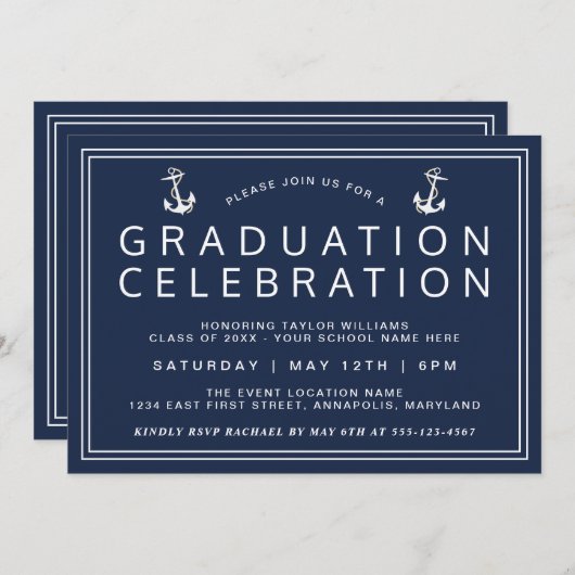 Navy Blue Classic Nautisch Afstuderen Kaart (Voorkant / Achterkant)