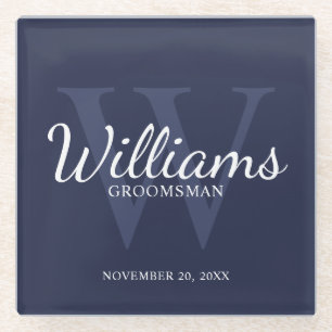 Navy Blue Classic Script Personalized Groomsmen Glazen Onderzetter