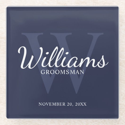 Navy Blue Classic Script Personalized Groomsmen Glazen Onderzetter (Voorkant)