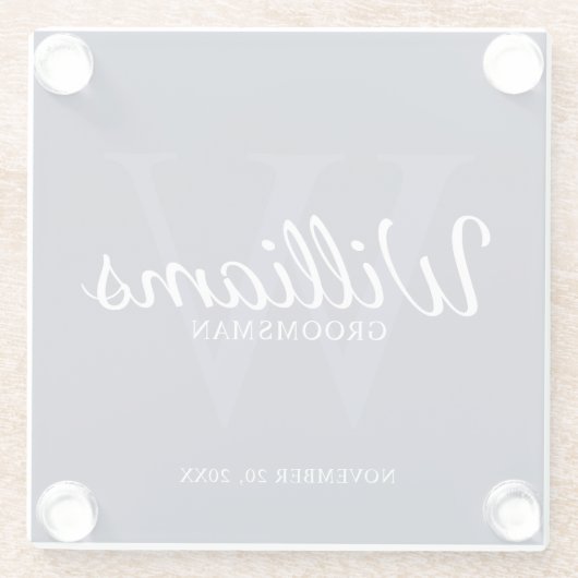 Navy Blue Classic Script Personalized Groomsmen Glazen Onderzetter (Achterkant)