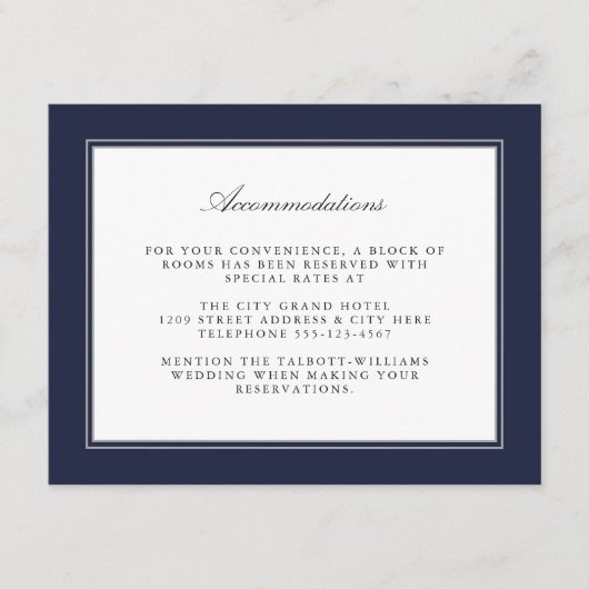 Navy Blue Classic Simple Elegance Accommodations Informatiekaartje (Voorkant)