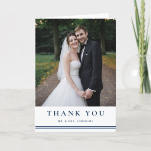 Navy Blue Classic Typography Striped Wedding Bedankkaart