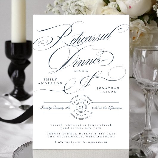 Navy Blue Classy Elegant Wedding Rehearsal Dinner Kaart