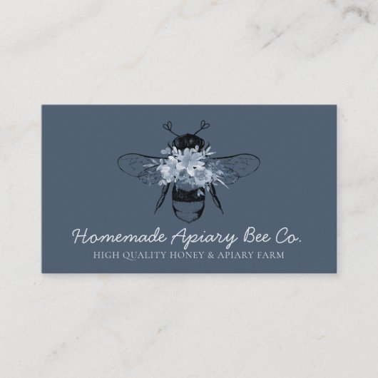 Navy Blue Classy Heart Floral Apiary Honey Bee Visitekaartje (Voorkant)