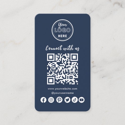 Navy Blue Connect with US Social Media QR Code Visitekaartje (Voorkant)
