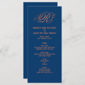 Navy Blue Copper Monogram Elegant Receptie Menu (Voorkant / Achterkant)