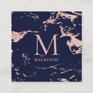 Navy Blue Copper Roos Gold Foil Marble Monogram Vierkante Visitekaartje