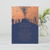Navy Blue Copper Trees Avenue Wedding Invitation Kaart (Staand voorkant)