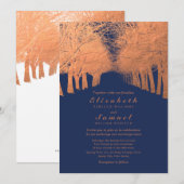 Navy Blue Copper Trees Avenue Wedding Invitation Kaart (Voorkant / Achterkant)