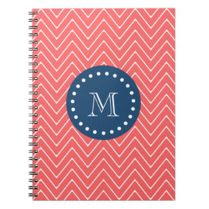 Navy Blue, Coral Chevron Pattern Uw monogram Notitieboek