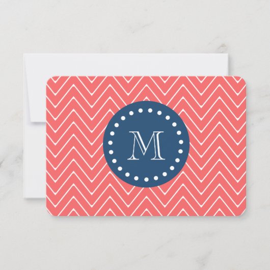Navy Blue, Coral Chevron Pattern | Uw monogram Notitiekaartje (Voorkant)