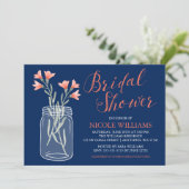 Navy Blue Coral Flowers Mason Jar Vrijgezellenfees Kaart (Staand voorkant)