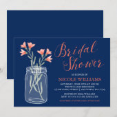 Navy Blue Coral Flowers Mason Jar Vrijgezellenfees Kaart (Voorkant / Achterkant)