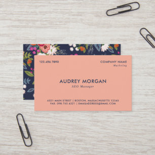 Navy Blue & Coral - Levendig Boho Bloemenpatroon Visitekaartje