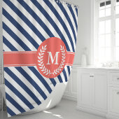 Navy Blue & Coral Nautical Stripes Monogram Douchegordijn