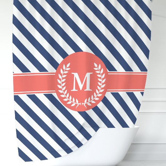 Navy Blue & Coral Nautical Stripes Monogram Douchegordijn