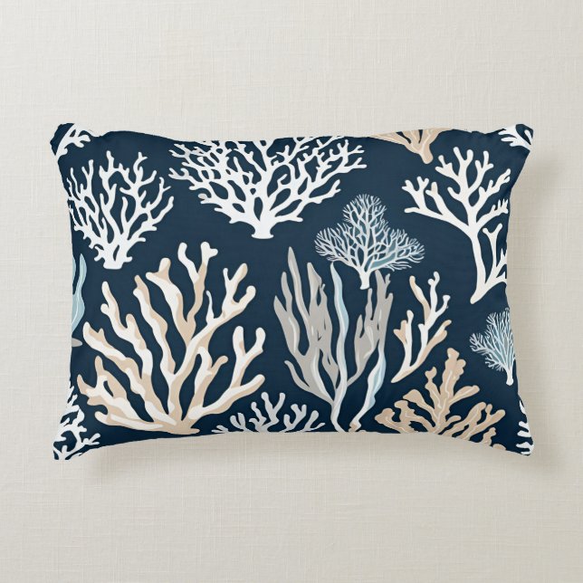 Navy Blue Coral Reef Sealife Ocean Coastal Accent Kussen (Voorkant)