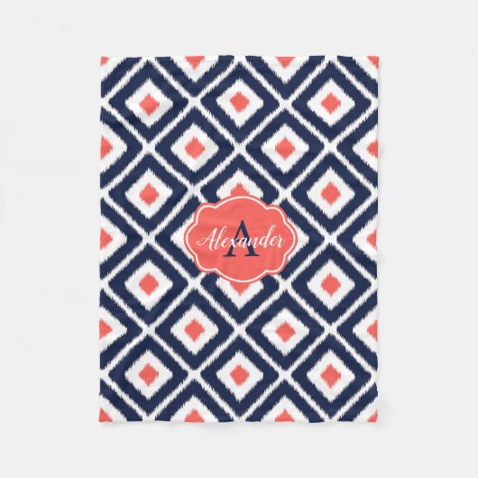 Navy Blue, Coral, White Ikat Diamond Pattern Fleece Deken (Voorkant)