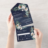 Navy Blue Cotton Gold Eucalyptus Branch Wedding All In One Uitnodiging (Afscheurbaar)