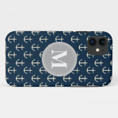 Navy Blue Cream Anchor Pattern Gray Monogram Case-Mate iPhone Case (Achterkant (horizontaal))
