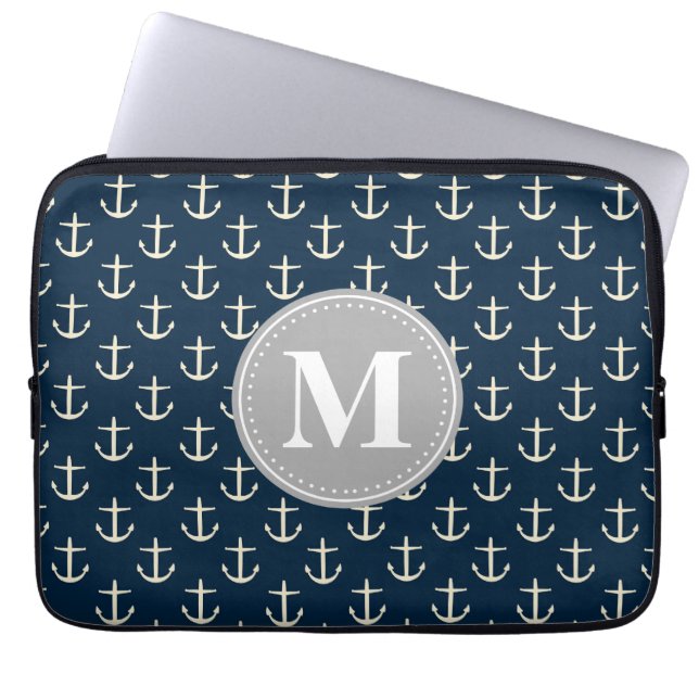 Navy Blue Cream Anchor Pattern Gray Monogram Laptop Sleeve (Voorkant)
