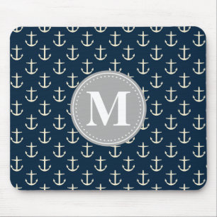 Navy Blue Cream Anchor Pattern Gray Monogram Muismat