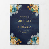 Navy Blue Cream Bloemen Goud QR Code Foto Bruiloft Drieluik Uitnodiging (Cover)