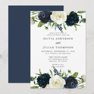 Navy Blue & Cream White Floral Rehearsal Dinner Kaart