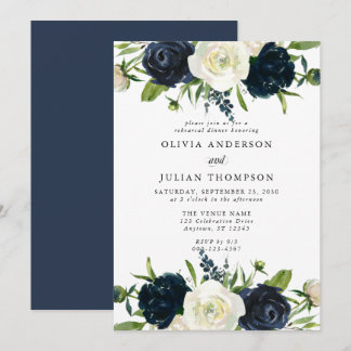 Navy Blue & Cream White Floral Rehearsal Dinner Kaart