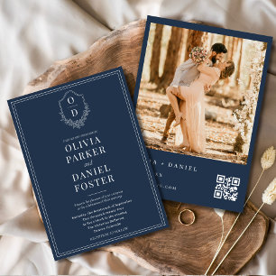 Navy Blue Crest QR Code Foto Elegant Huwelijk Kaart
