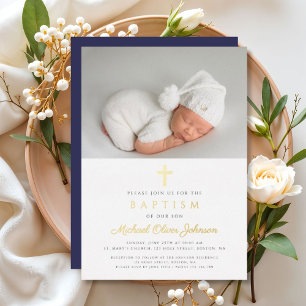 Navy Blue Cross Boy Foto Baptisme Gold Folie Uitnodiging