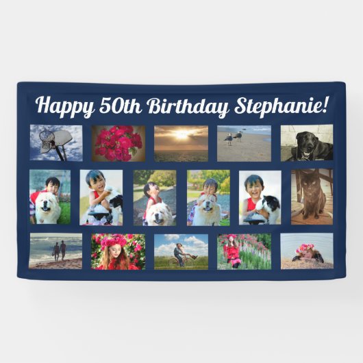 Navy Blue Custom 16 Fotocollage Verjaardagsfeest Spandoek (Horizontaal)