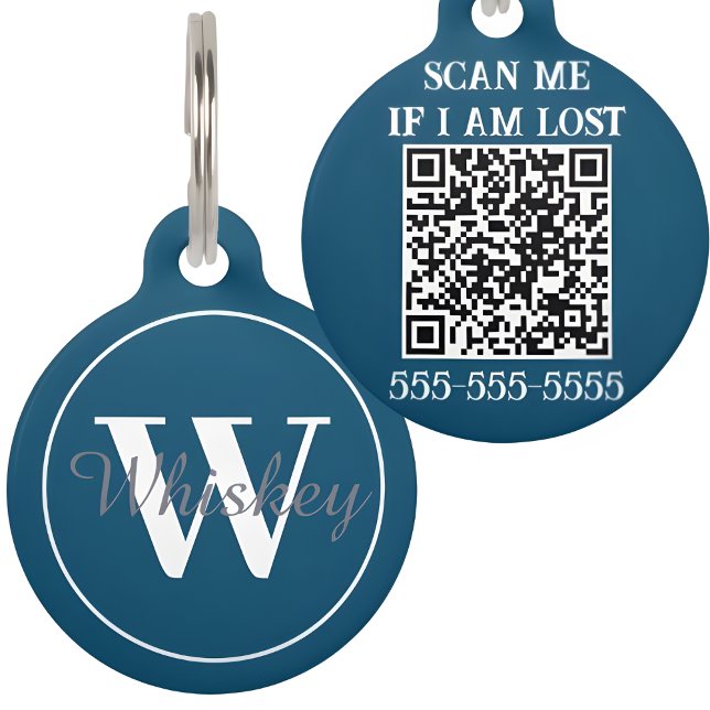 Navy Blue Custom QR Code en Monogram Huisdier Naam Huisdierpenning (Creator heeft geüpload)