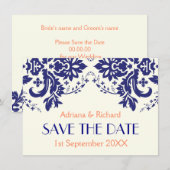 Navy blue damas, faire-part de mariage corail à co (Devant / Derrière)