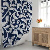 Navy Blue Damask Floral Vine Douchegordijn