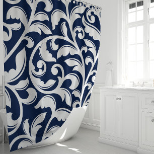Navy Blue Damask Floral Vine Douchegordijn