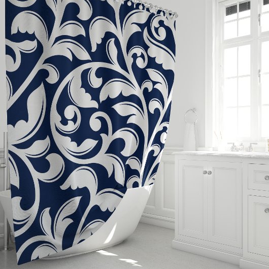 Navy Blue Damask Floral Vine Douchegordijn
