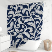 Navy Blue Damask Floral Vine Douchegordijn
