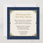 Navy Blue Damask &  Gold Wedding Invitation Kaart (Voorkant)