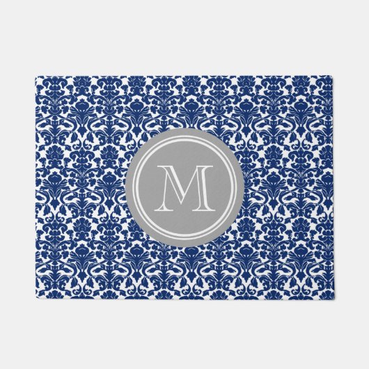 Navy Blue Damask Gray Monogram Doormat Deurmat (Voorkant)