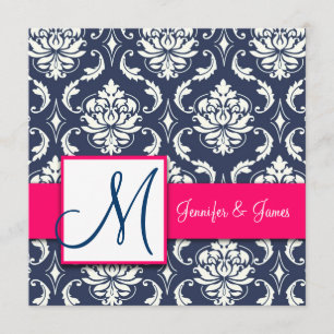 Navy Blue Damask Monogram Invitaties Hot Pink Kaart