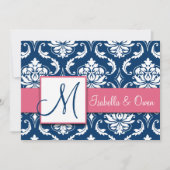 Navy Blue Damask Monogram Invitation Roze Kaart (Voorkant)