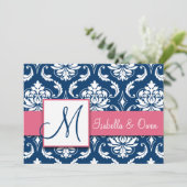 Navy Blue Damask Monogram Invitation Roze Kaart (Staand voorkant)